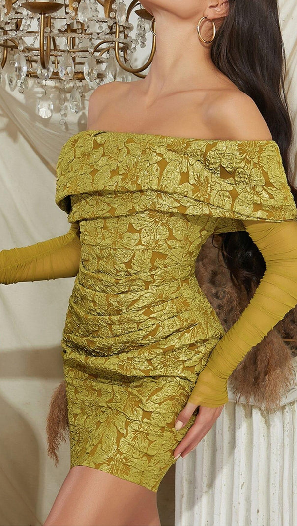 AIIZIE TURMERIC COLOR OFF SHOULDER MESH FLORAL LONG-SLEEVED MINI DRESS - product image
