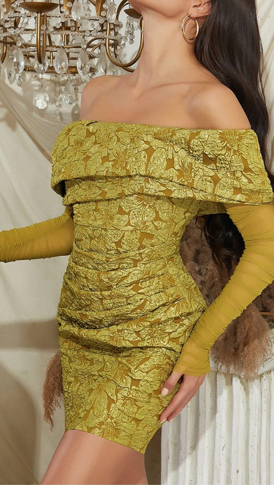 TURMERIC COLOR OFF SHOULDER MESH FLORAL LONG-SLEEVED MINI DRESS