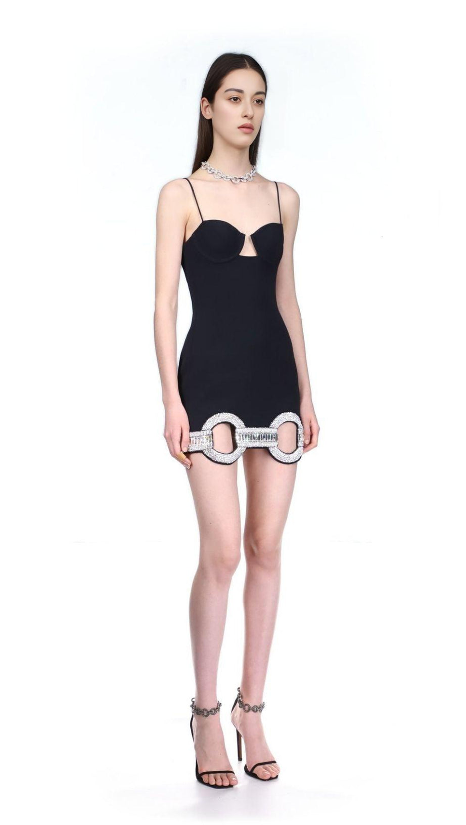 CRYSTAL BANDAGE MINI DRESS IN BLACK