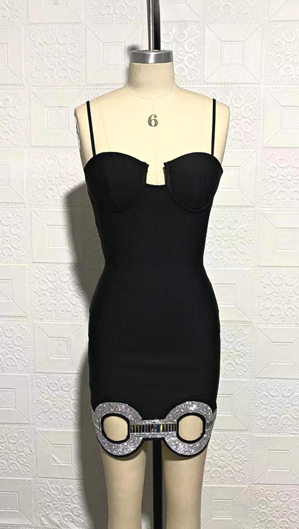 AIIZIE CRYSTAL BANDAGE MINI DRESS IN BLACK - product image