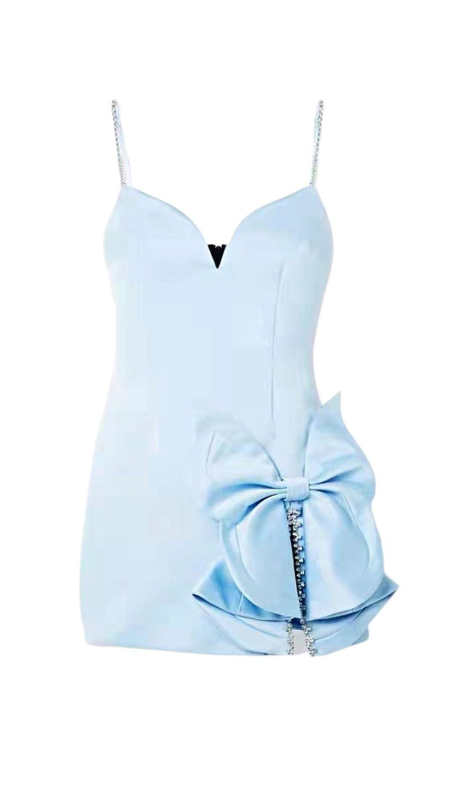 CRYSTAL BOW MINI DRESS IN BABY BLUE