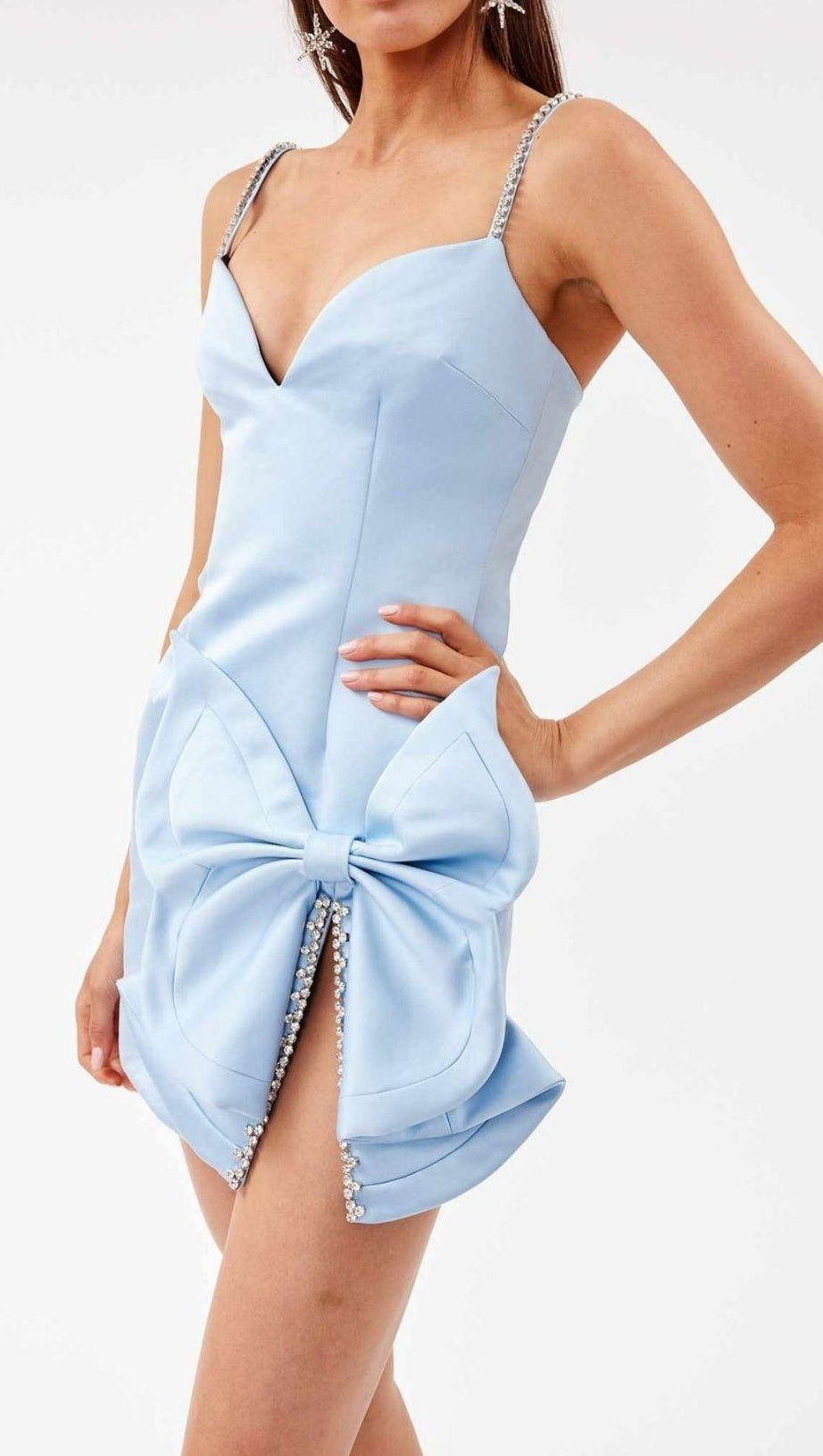 CRYSTAL BOW MINI DRESS IN BABY BLUE