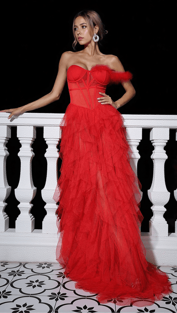 AIIZIE TITANIA ONE SHOULDER TULLE MAXI DRESS IN RED - product image