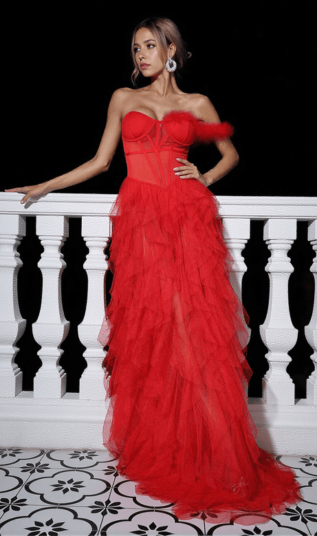 Abito lungo in tulle monospalla Titania rosso