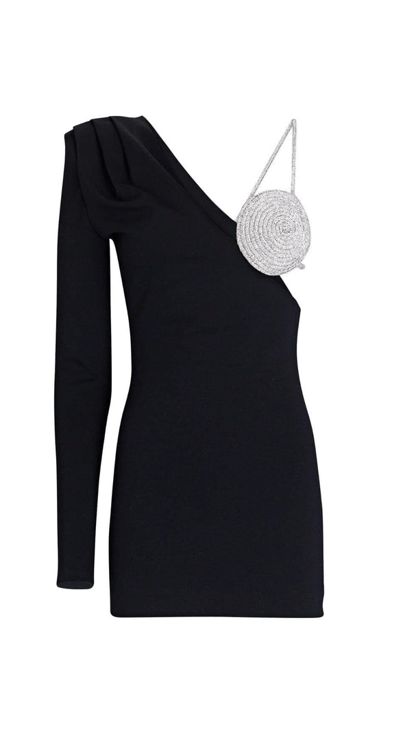 AIIZIE BLACK ONE SHOULDER CRYSTAL MINI DRESS - product image