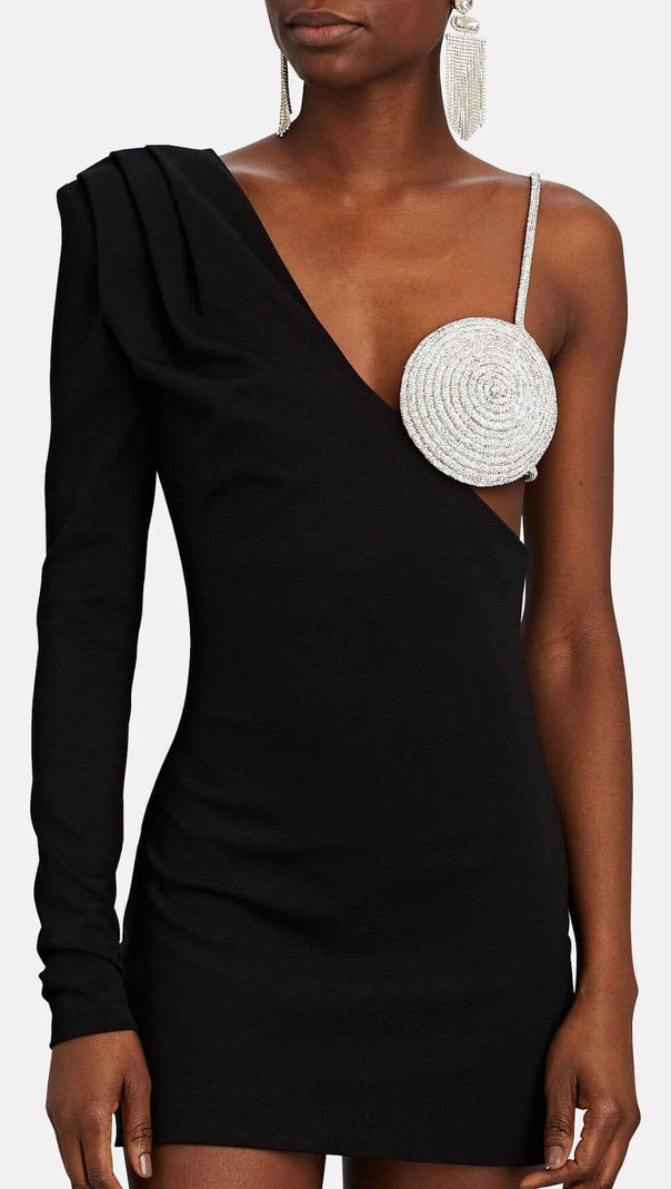 AIIZIE BLACK ONE SHOULDER CRYSTAL MINI DRESS - product image