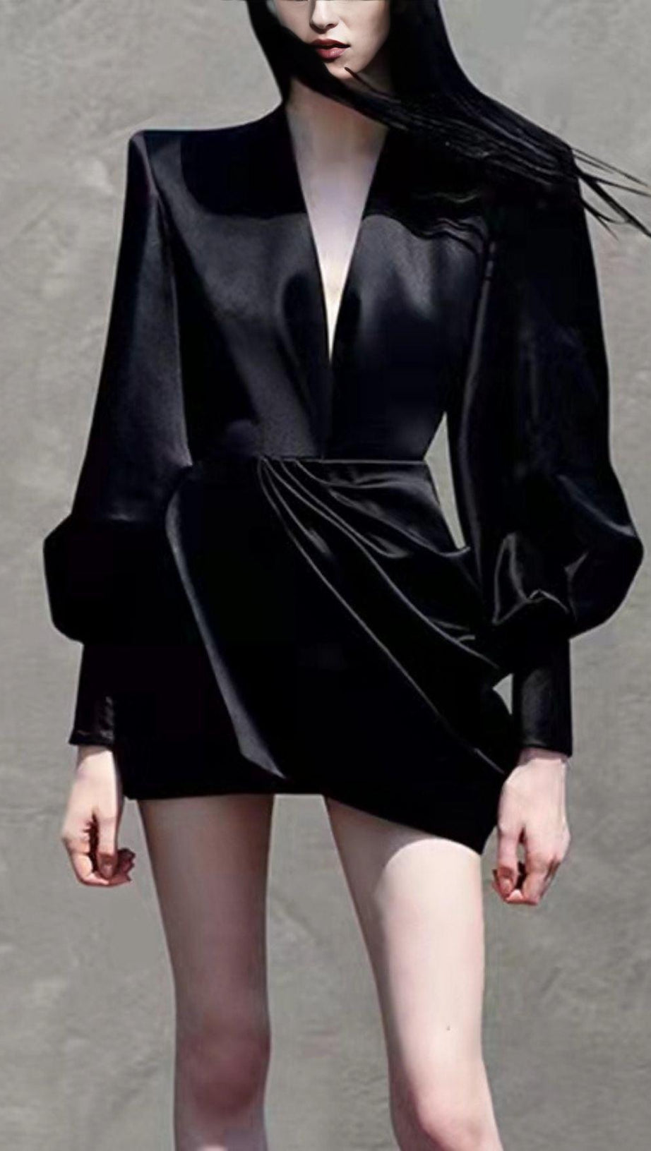 BLACK STAIN DEEP V-NECK MINI DRESS