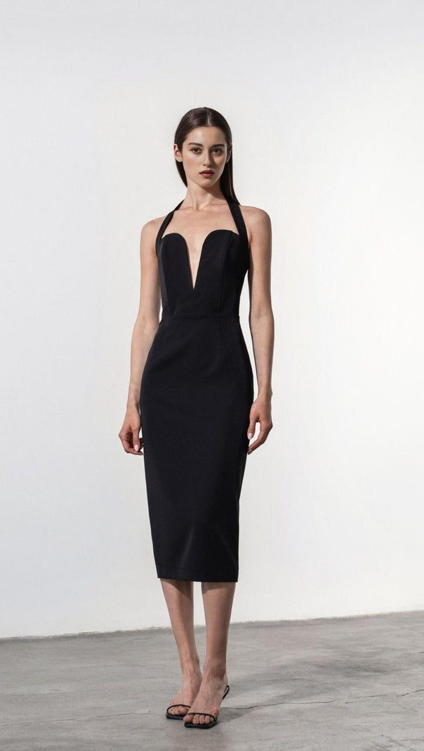 AIIZIE BLACK HALTER MIDI DRESS - product image