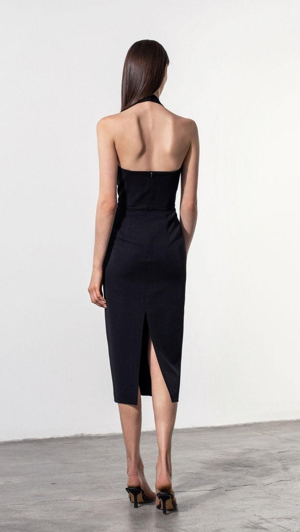 AIIZIE BLACK HALTER MIDI DRESS - product image