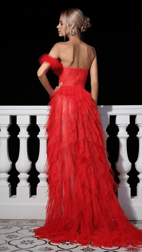 TITANIA ONE SHOULDER TULLE MAXI DRESS IN RED
