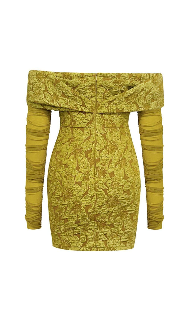 AIIZIE TURMERIC COLOR OFF SHOULDER MESH FLORAL LONG-SLEEVED MINI DRESS - product image