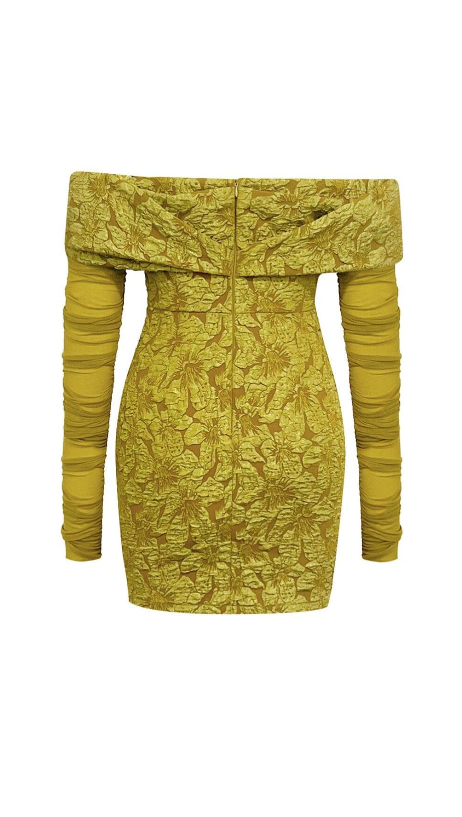 TURMERIC COLOR OFF SHOULDER MESH FLORAL LONG-SLEEVED MINI DRESS