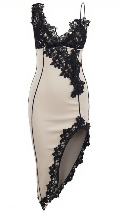 SIMRAN LACE ASYMMETRIC MIDI DRESS