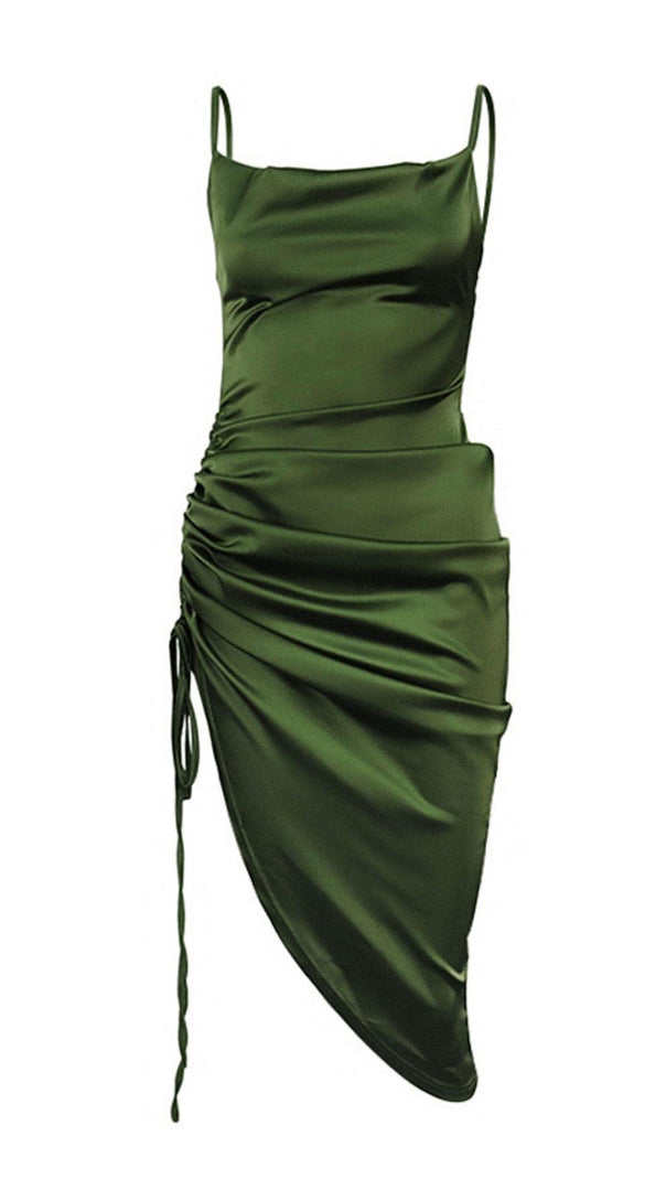 AIIZIE OLIVE GREEN SLIT PLEATED SLING MIDI DRESS - product image