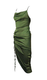 OLIVE GREEN SLIT PLEATED SLING MIDI DRESS