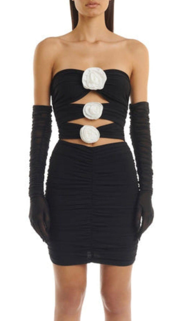 AIIZIE 3D FLOWER BANDAGE MINI DRESS IN BLACK - product image