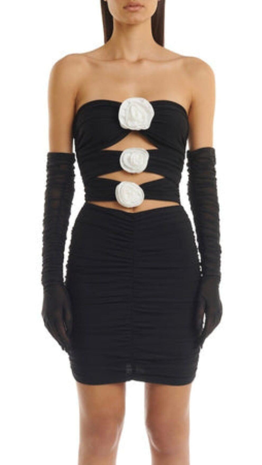 3D FLOWER BANDAGE MINI  DRESS IN BLACK