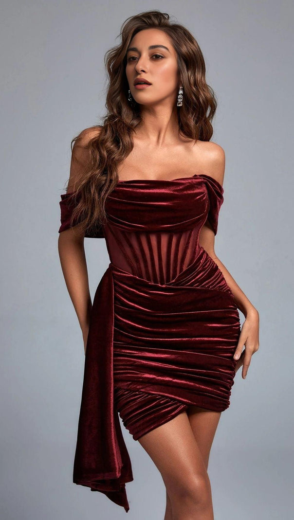 AIIZIE WINE RED VELVET CORSET MINI DRESS - product image