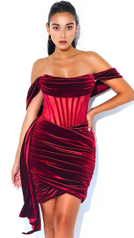 WEINROTES SAMT-KORSETT-MINIKLEID