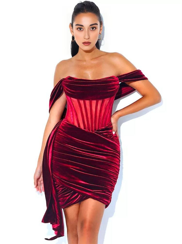 AIIZIE WINE RED VELVET CORSET MINI DRESS - product image