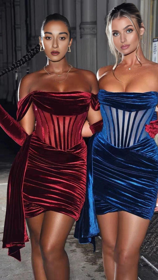 AIIZIE WINE RED VELVET CORSET MINI DRESS - product image