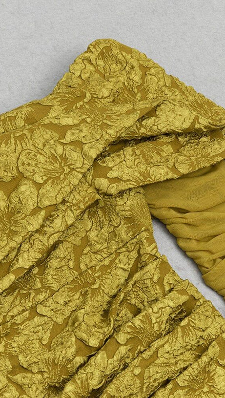 TURMERIC COLOR OFF SHOULDER MESH FLORAL LONG-SLEEVED MINI DRESS