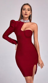 RED PEARL ONE SHOULDER MINI BANDAGE DRESS