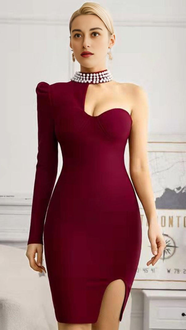 ROTES PERLEN-MINI-BANDAGE-KLEID MIT EINER SCHULTER