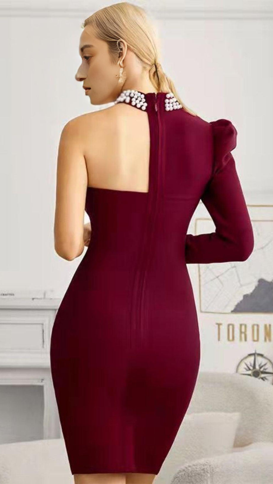 ROTES PERLEN-MINI-BANDAGE-KLEID MIT EINER SCHULTER