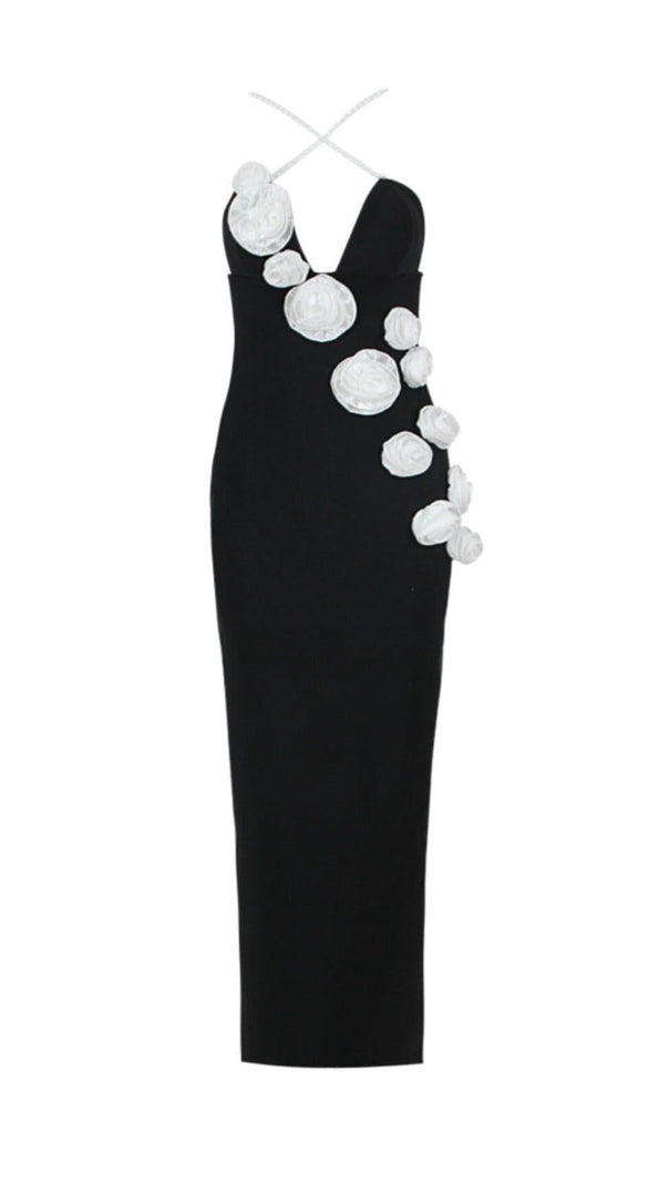 AIIZIE 3D FLORAL PEARL SUSPENDER MIDI DRESS IN BLACK - product image