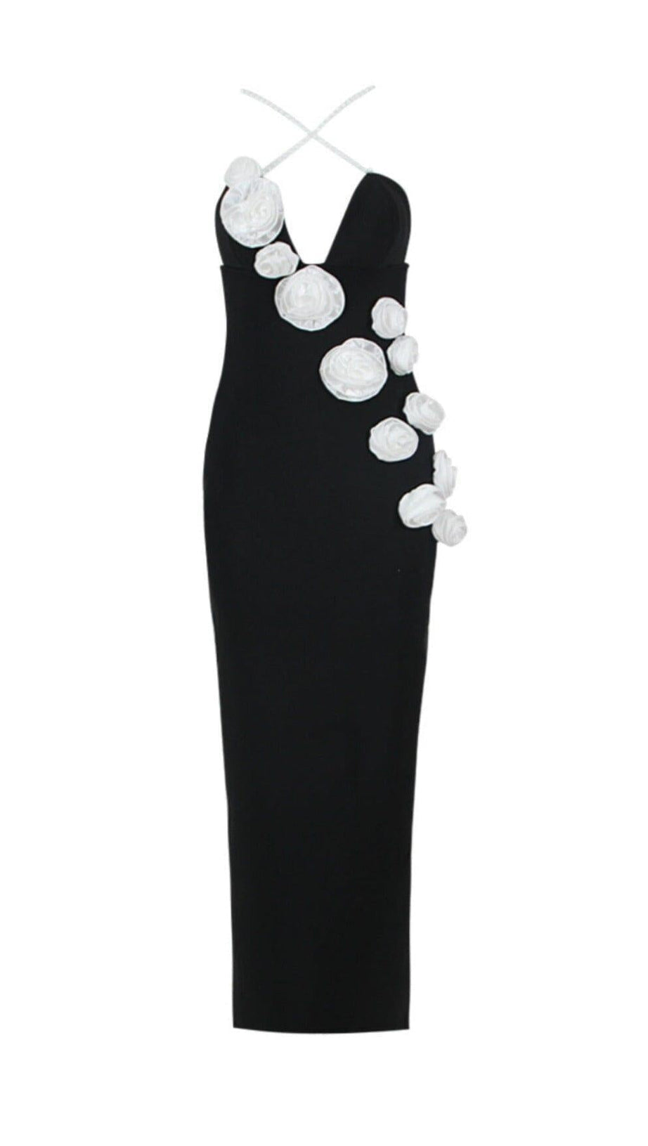 3D FLORAL PEARL SUSPENDER MIDI DRESS IN BLACK