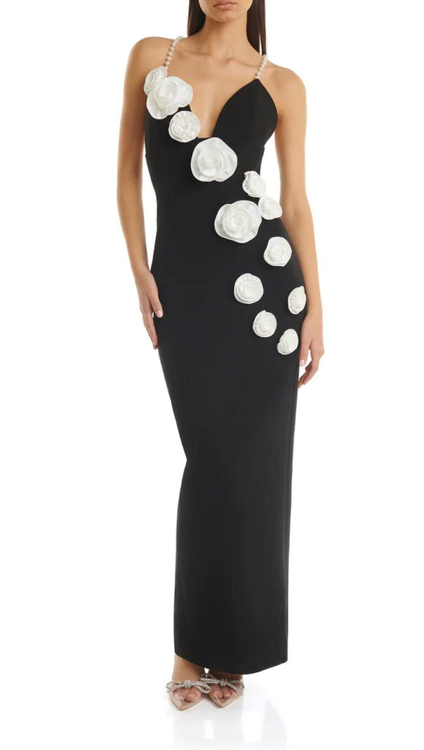 AIIZIE 3D FLORAL PEARL SUSPENDER MIDI DRESS IN BLACK - product image