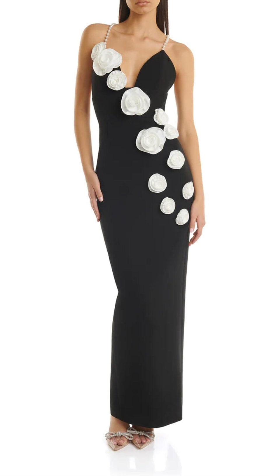 3D FLORAL PEARL SUSPENDER MIDI DRESS IN BLACK