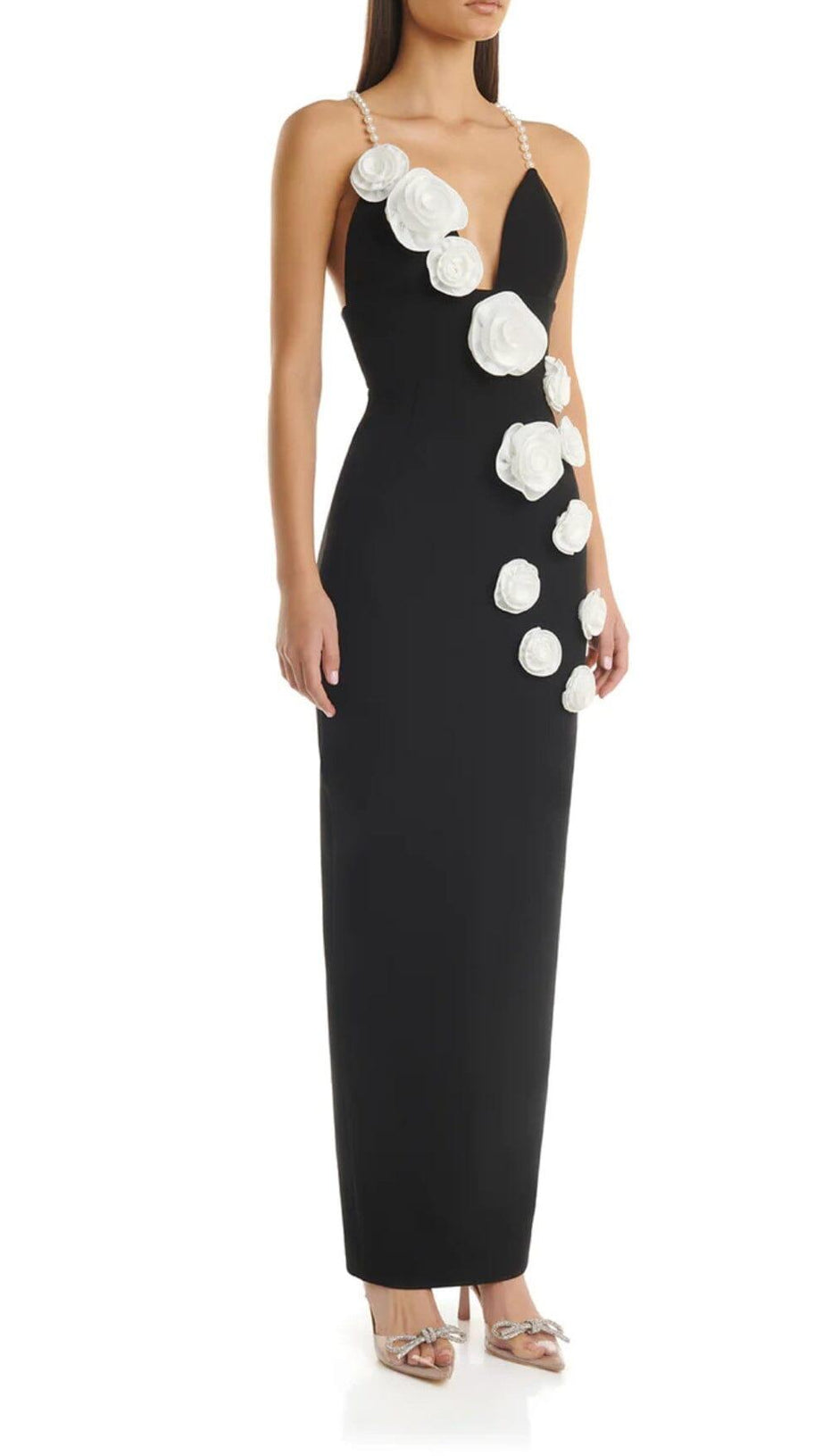 3D FLORAL PEARL SUSPENDER MIDI DRESS IN BLACK