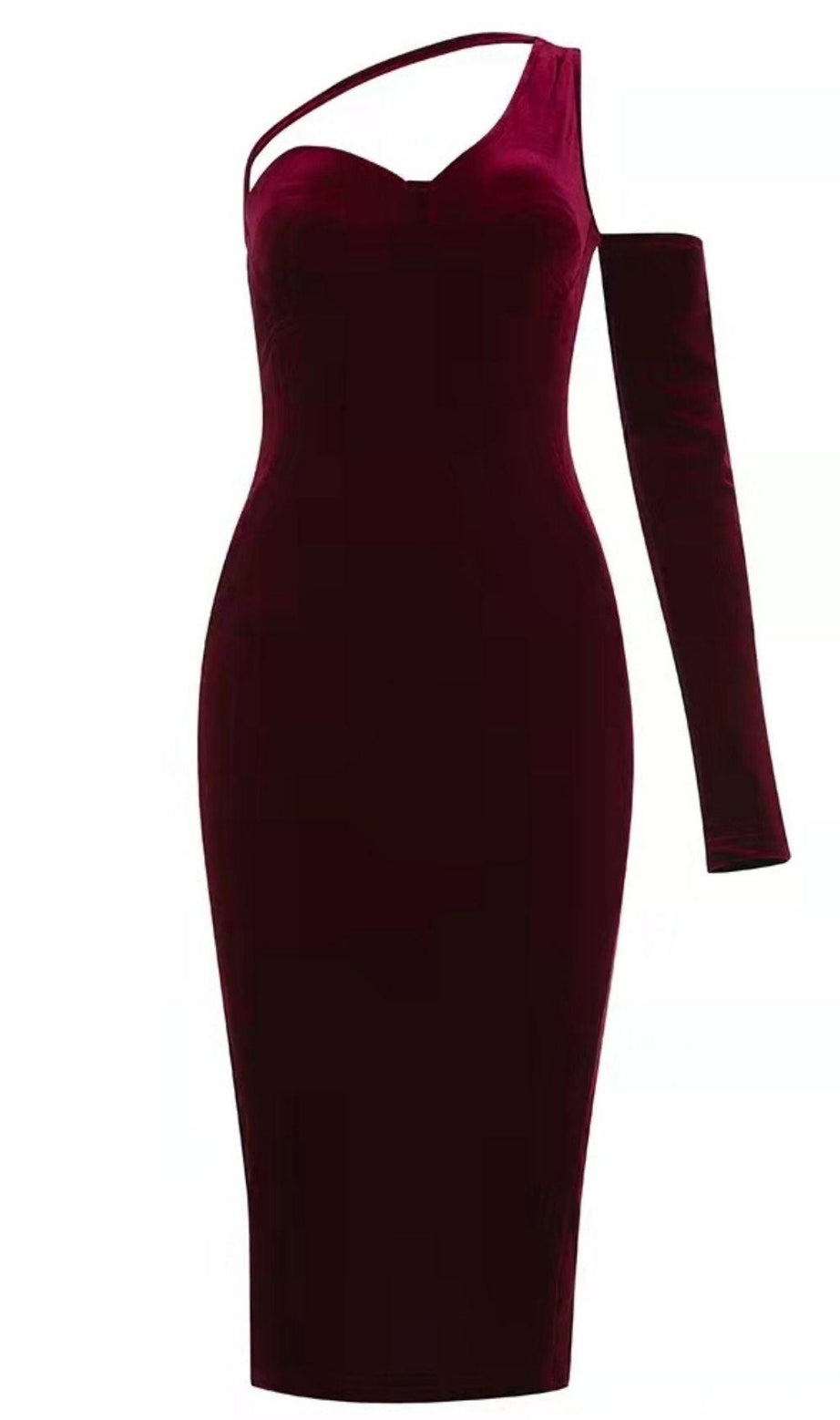 ABITO MIDI IN VELLUTO MONOSPALLA ROSSO VINO
