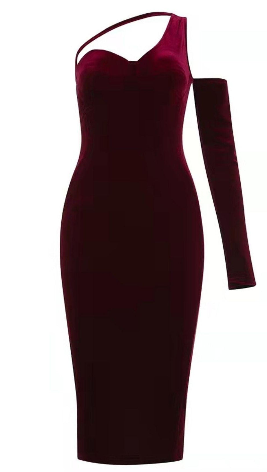 WEINROTES MIDIKLEID AUS SAMT MIT EINER SCHULTER