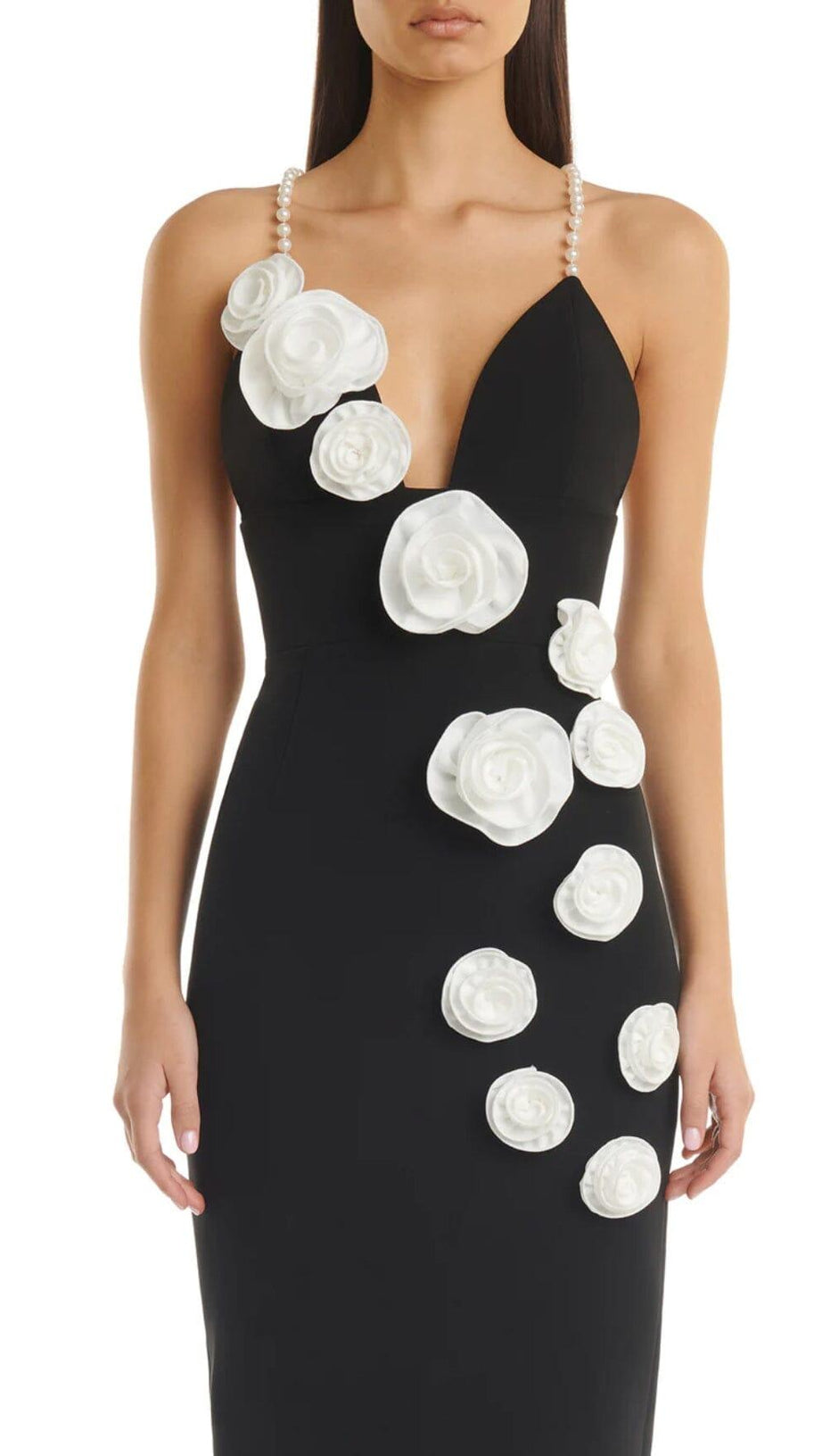 3D FLORAL PEARL SUSPENDER MIDI DRESS IN BLACK