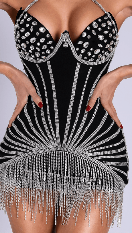 NUSAYBA RHINESTONE FRINGE FLORAL MESH DRESS