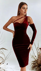 WINE RED ONE SHOULDER VELVET MIDI DRESS