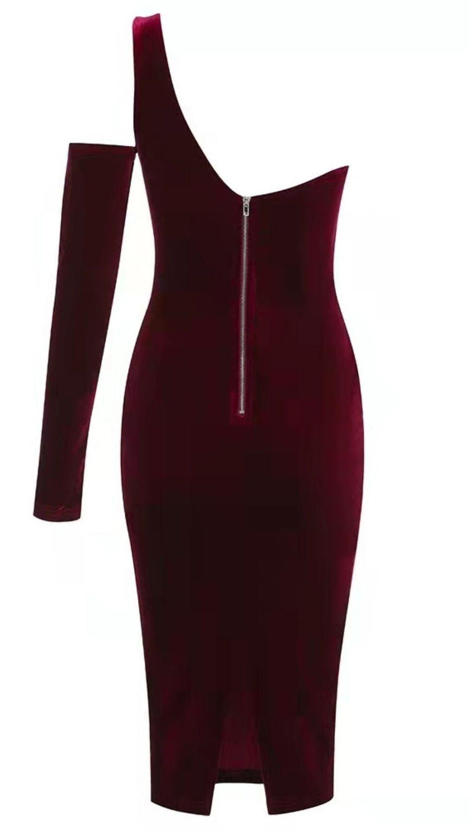 WEINROTES MIDIKLEID AUS SAMT MIT EINER SCHULTER