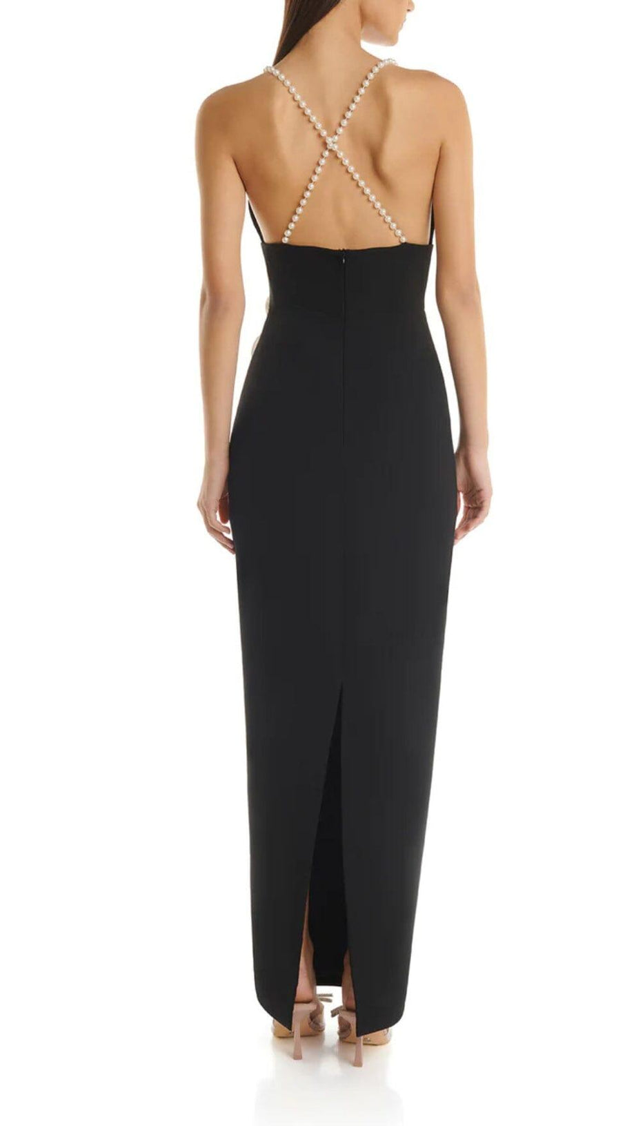 3D FLORAL PEARL SUSPENDER MIDI DRESS IN BLACK