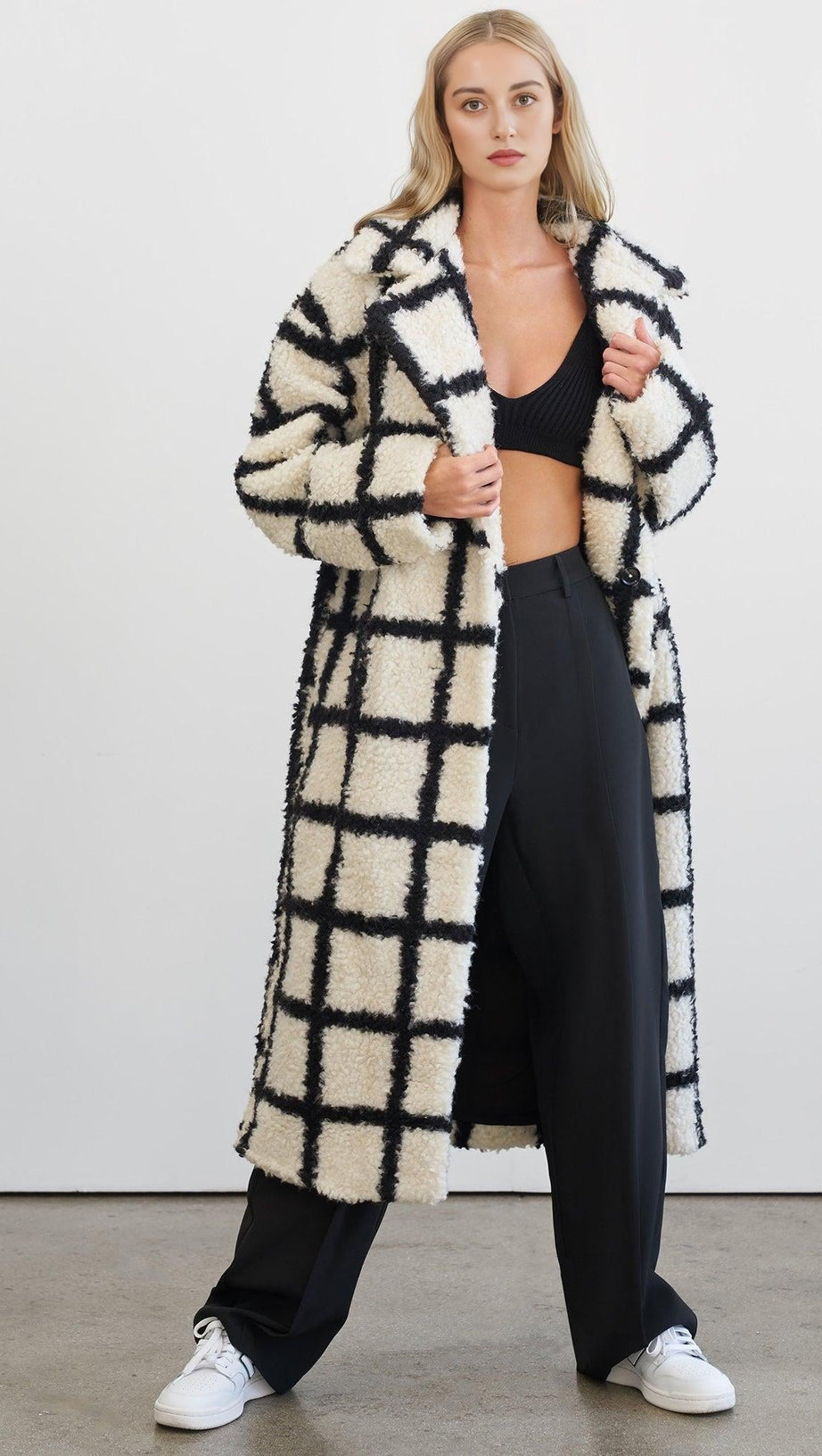 NINA FAUX FUR CHECK COAT CREAM AND BLACK