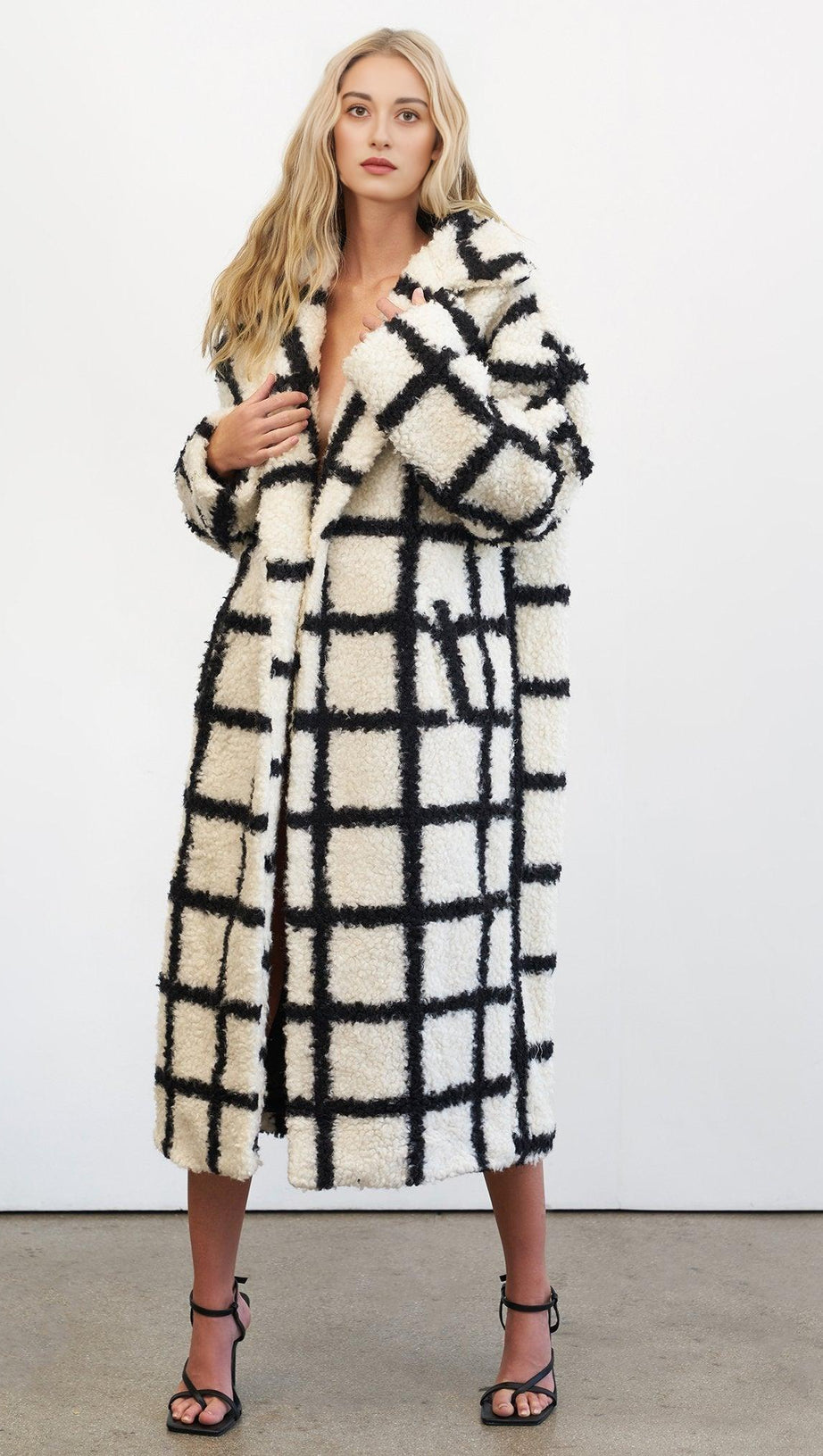 NINA FAUX FUR CHECK COAT CREAM AND BLACK