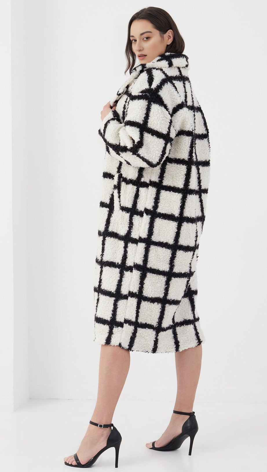 NINA FAUX FUR CHECK COAT CREAM AND BLACK