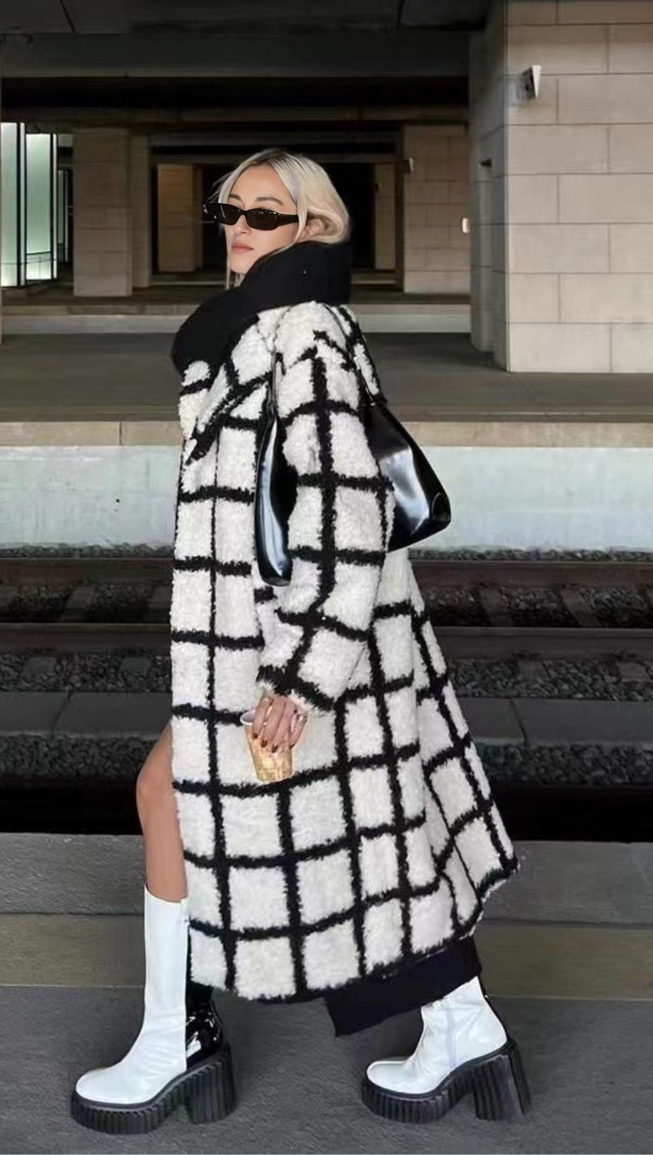 NINA FAUX FUR CHECK COAT CREAM AND BLACK