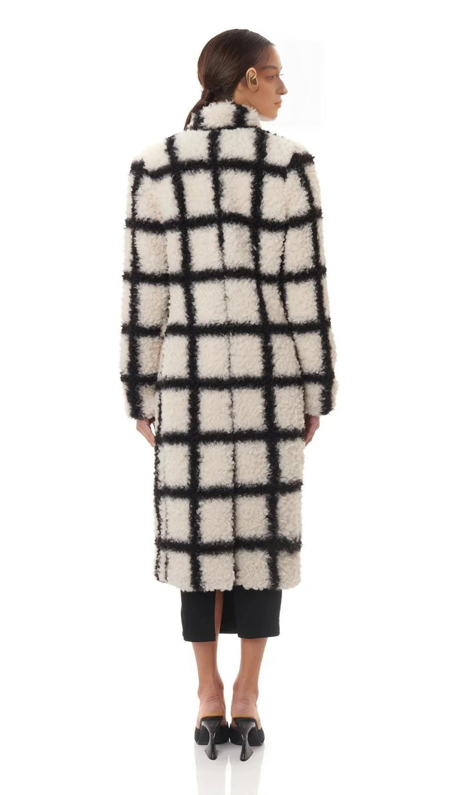 NINA FAUX FUR CHECK COAT CREAM AND BLACK