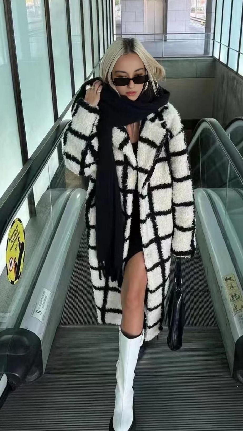 NINA FAUX FUR CHECK COAT CREAM AND BLACK