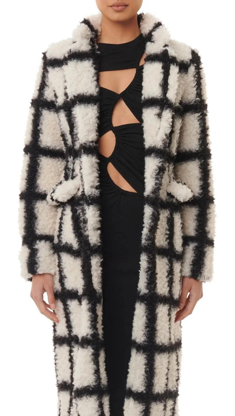 NINA FAUX FUR CHECK COAT CREAM AND BLACK