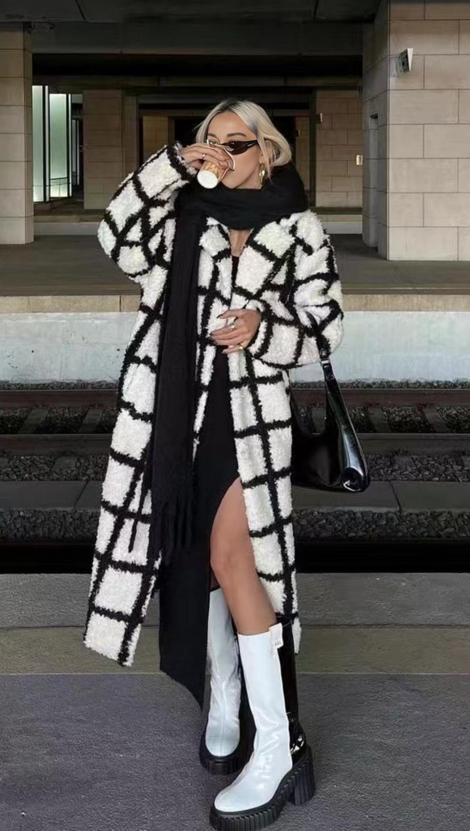 NINA FAUX FUR CHECK COAT CREAM AND BLACK