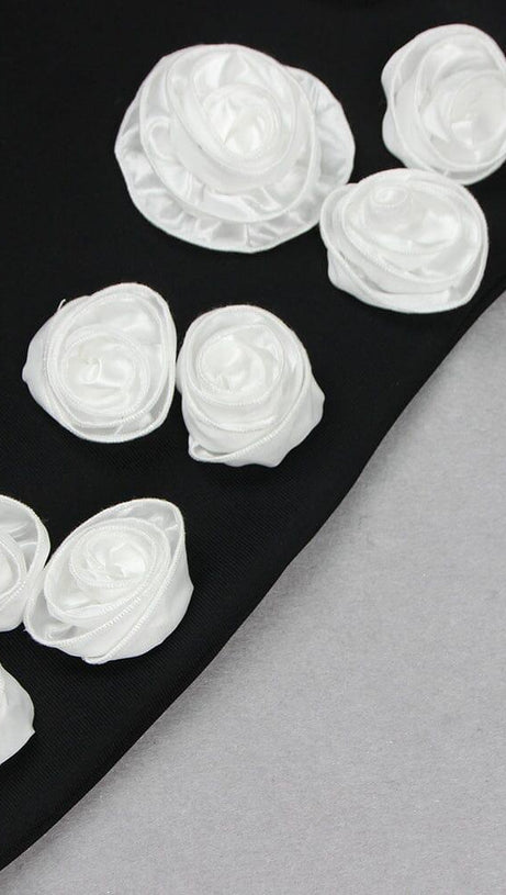 3D FLORAL PEARL SUSPENDER MIDI DRESS IN BLACK